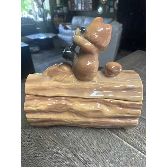 Vintage MCM Brush McCoy Squirrel & Nut On A Log Cookie Jar Mid Century - Picture 4 of 12